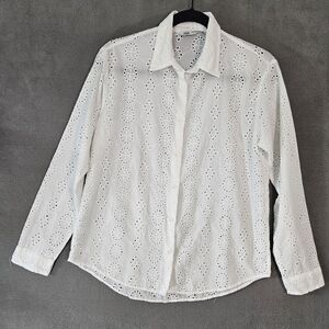 Zara Womens Medium Button Up Shirt White Floral Crochet Long Sleeve Sheer Eyelet